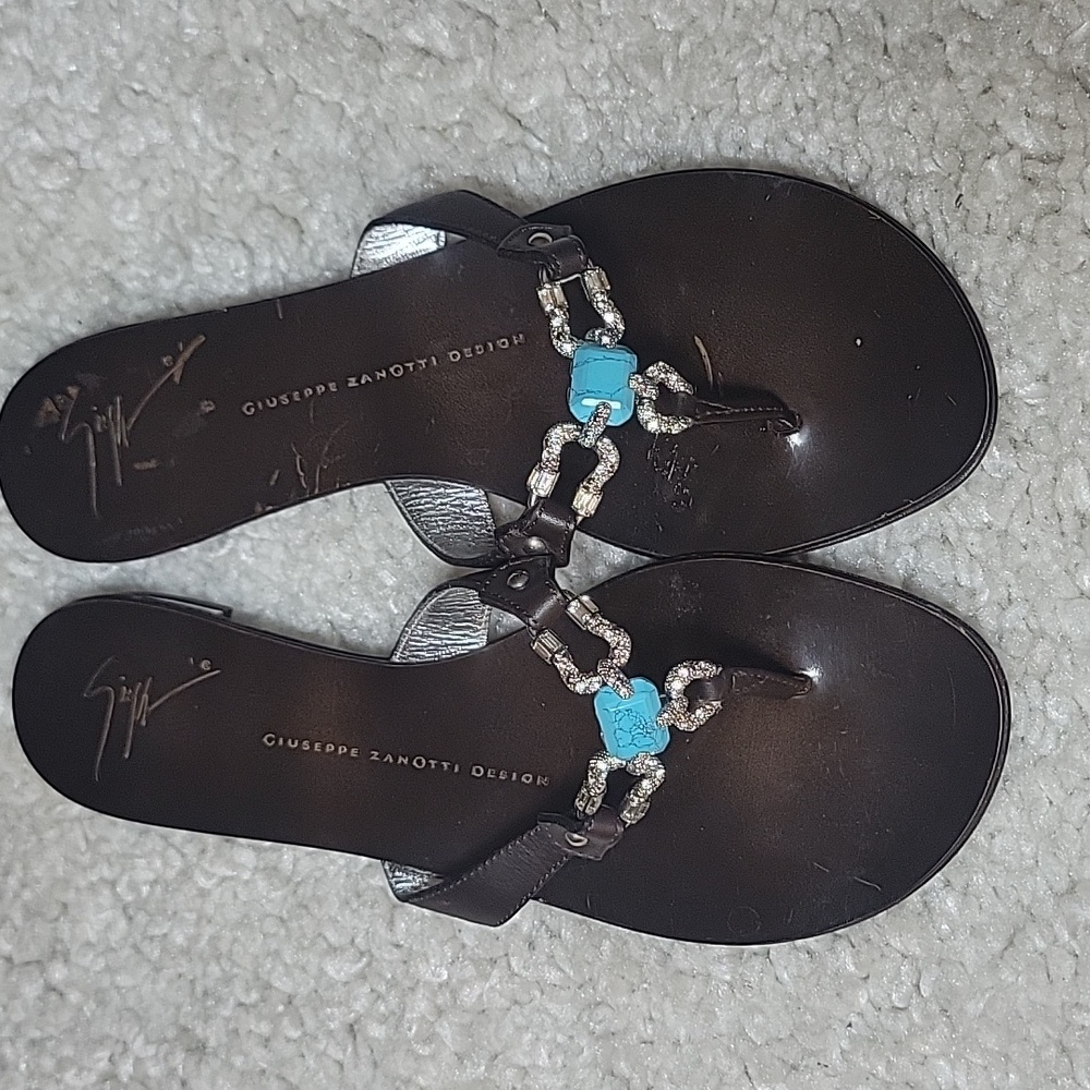 GIUSEPPE ZANOTTI Brown And  Bling Horseshoe And Turquoise Thong Slides Size 37 - Picture 4 of 15